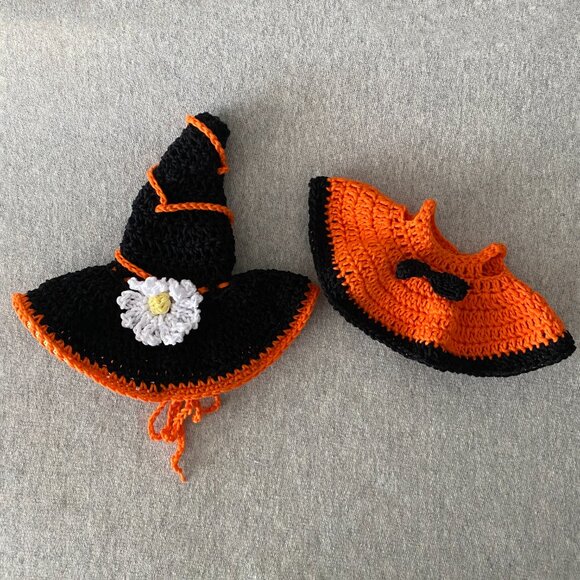 Handmade Crochet Halloween Orange Black Witch Outfit for 17cm Doll 2-Piece Set - Picture 9 of 9